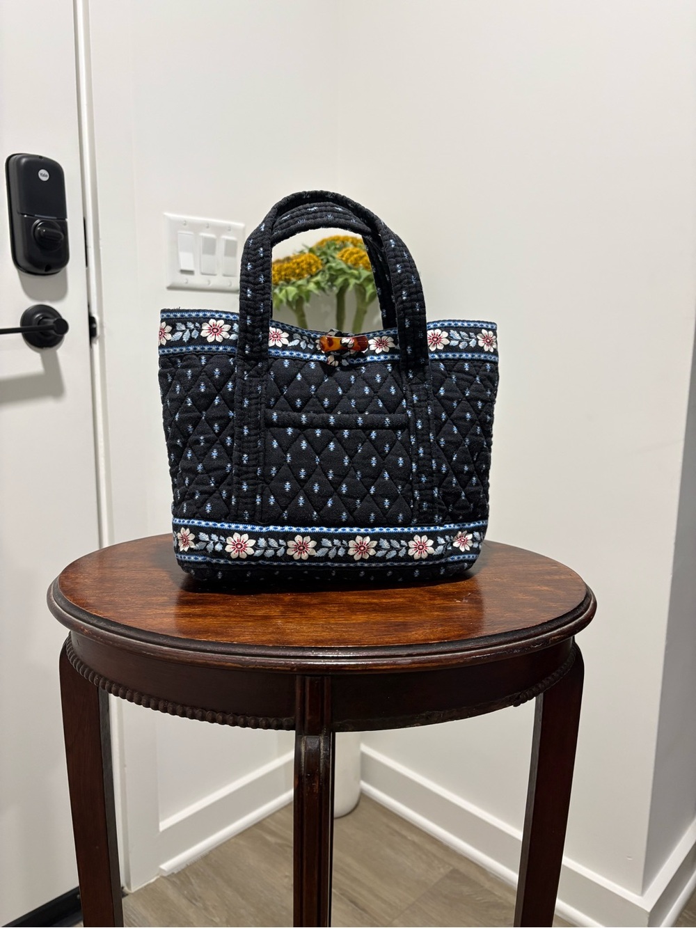 Vera Bradley Metropolitan Floral Black Quilted Mini Tote with Floral Trim